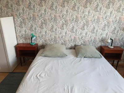 a bed with two pillows in front of a wall at Bel appartement lumineux T3 Terrasse in Nice