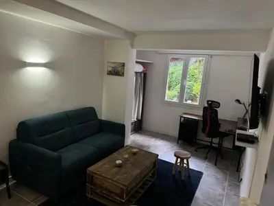 a living room with a couch and a table at Studio à Nice - 10 min de la plage in Nice