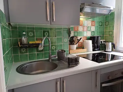 a kitchen with a sink and green tiles at Appartement Nice Libération in Nice
