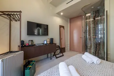 a bedroom with a bed and a tv and a shower at Naomi Nice in Nice