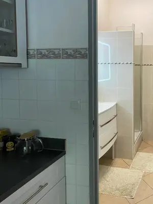 a kitchen with a sink and a glass shower at Villa Serenice - F2 au calme, climatisé, WIFI et parking gratuit in Nice