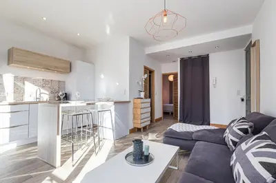 a kitchen and living room with a couch and a table at 253 MONT BORON - Appartement 2p - Balcon plein sud - Climatisation in Nice