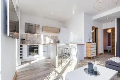 a kitchen and living room with white walls and wooden floors at 253 MONT BORON - Appartement 2p - Balcon plein sud - Climatisation in Nice