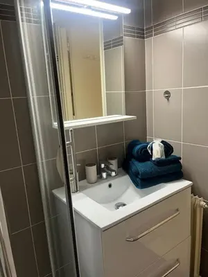 a bathroom with a sink and a mirror at Studio piscine climatisation tennis in Nice