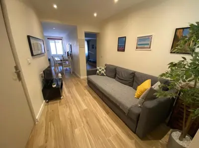 a living room with a gray couch and wooden floors at 2 pièces Vieux Nice - Deux pas de la mer in Nice
