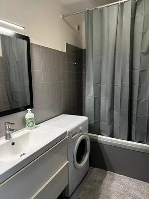 a bathroom with a washing machine and a sink at Californie in Nice