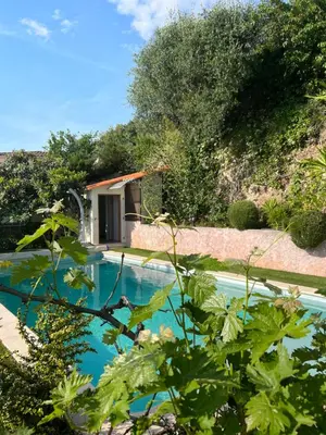 a swimming pool with a house in the background at Nissa la bella, Piscine et vue mer in Nice