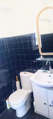 a bathroom with a white toilet and a sink at Chambre vue Nice & mer in Nice