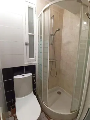 a bathroom with a white toilet and a shower at Charming T2 apartment in Nice city center in Nice