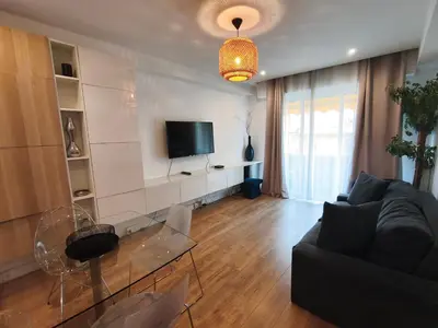a living room with a couch and a tv at LE MIOLLIS - CENTRAL et CONFORT - WIFI- prés tansports en commun et commerces in Nice