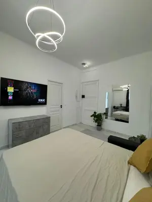 a living room with a large bed and a tv at Newly refurbished studio in Nice
