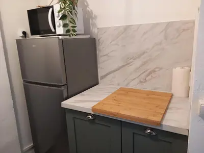 a kitchen with a refrigerator and a cutting board at Appartement cosy Nice in Nice