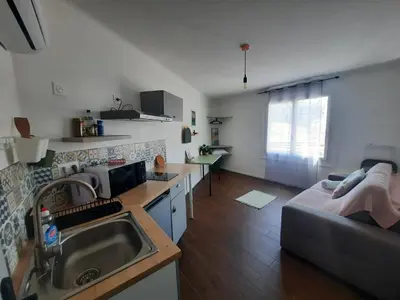 a kitchen and living room with a sink and a couch at La Chambre 3, Climatisée AC, Cuisine privée, Calme in Nice