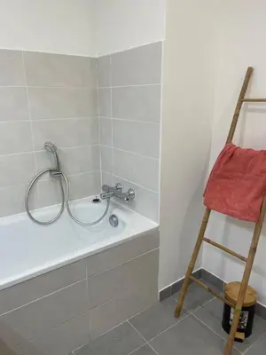 a bathroom with a bath tub with a shower head at appartement idéalement situé in La Trinité