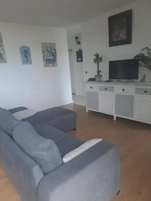a living room with a couch and a tv at La bella vista in Nice