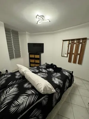 a bedroom with a black and white bed and a television at Jolie deux pièces au cœur de Nice in Nice