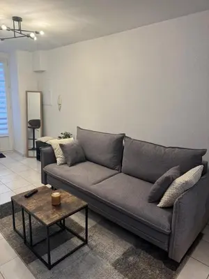 a living room with a gray couch and a table at Jolie deux pièces au cœur de Nice in Nice