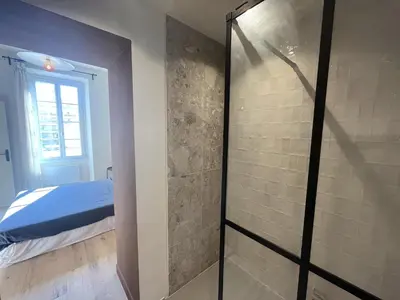 a bathroom with a glass shower with a bed at Beaumont republique in Nice