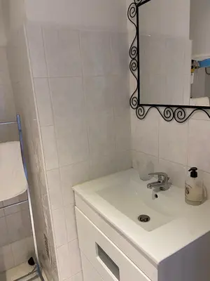 a white bathroom with a sink and a mirror at Appartement Flores in Nice
