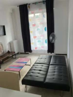 a room with a black couch in front of a window at Appartement Flores in Nice