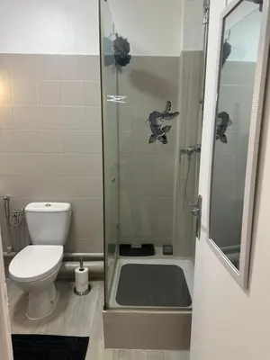 a bathroom with a toilet and a glass shower at Carras in Nice
