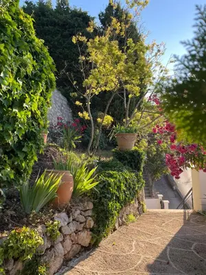 a garden with plants and flowers on a path at Villa Riviera vue panoramique MER et NATURE in Èze