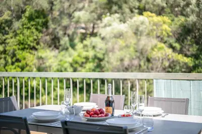 a table with a plate of fruit and a bottle of wine at Ciel d'Orves - Terrasse Spacieuse- Parking privé in Nice