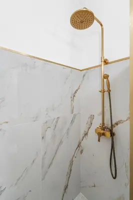 a shower with a shower head and a glass wall at Nice Renting - VERDI - Apartment Charm & Comfort & AirCon in Nice
