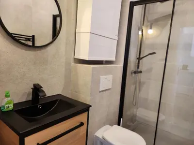a bathroom with a sink and a shower with a mirror at Nice Fac St Jean D'Angely in Nice