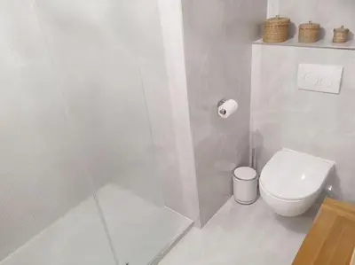 a white bathroom with a toilet and a shower at Chez L'Hadriana, 2x AC clim Wi-Fi,newly renovated in Nice