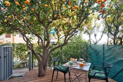 a table and chairs under an orange tree at Studio avec grande terrasse YourHostHelper in Villefranche-sur-Mer