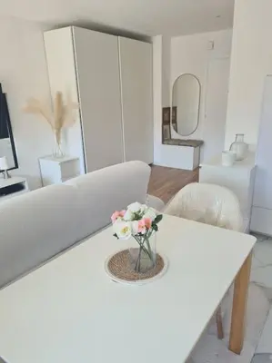a white living room with a vase of flowers on a table at Superbe Appartement Luxueux Spacieux 50 m2 Port Nice in Nice