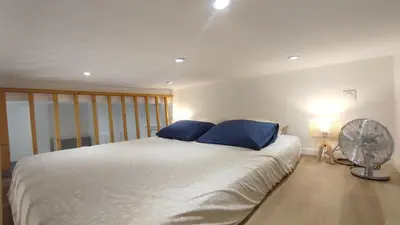 a bedroom with a bed with blue pillows and a fan at Appartement port et vieux Nice Direct from Airport by tramway in Nice