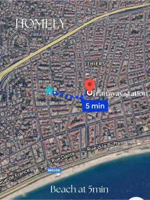 a map showing the location of the beach at min at Appt Nice-Centre avec Parking Privé proche Promenade des Anglais in Nice