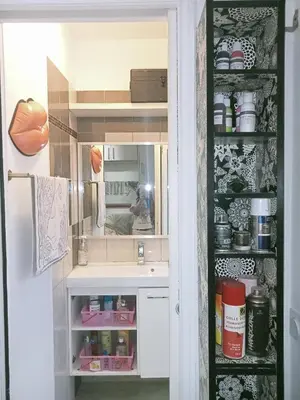 a kitchen with a sink and a shelf at Un jardin en Ville in Nice