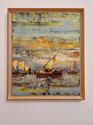 a painting of boats in the water on a wall at Superbe 4 pièces 75 m carrés pour 2 à 6 personnes Centre Parking 3 jours minimum in Nice