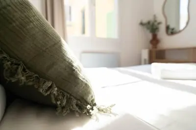 a pillow sitting on top of a bed at Superbe appartement deux chambres, centre proche port in Nice