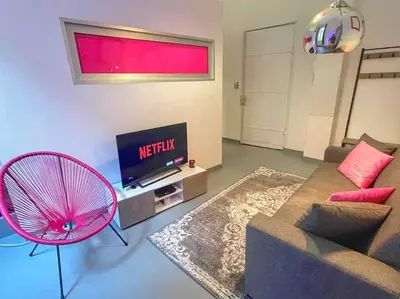 a living room with a couch and a tv at Cosy appartement, moderne, fuchsia, industriel in Nice