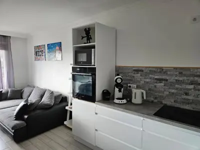 a living room with a couch and a kitchen at L'escapade vers le bien-être in Nice