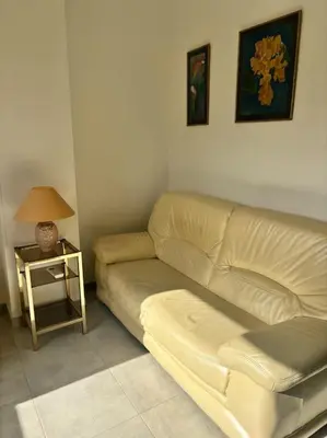 a living room with a couch and a side table at Charmant T3 Rénové Proche Mer, Aéroport et Gare ! in Saint-Laurent-du-Var