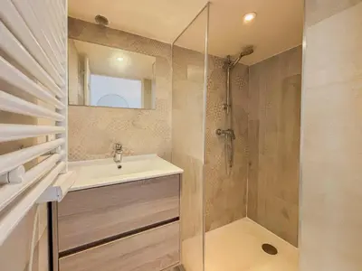a bathroom with a sink and a shower at Potiers - parking, Wifi, 2pers in Nice