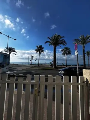 a fence in front of a parking lot with palm trees at Studio en bord de mer, Plage 20m, Clim in Cagnes-sur-Mer