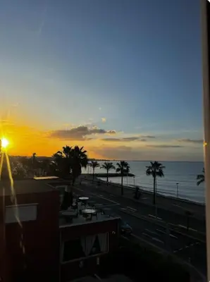 a sunset over a beach with palm trees and the ocean at Studio en bord de mer, Plage 20m, Clim in Cagnes-sur-Mer