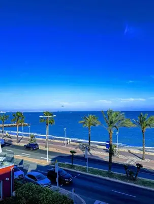 a view of a beach with palm trees and the ocean at Studio en bord de mer, Plage 20m, Clim in Cagnes-sur-Mer