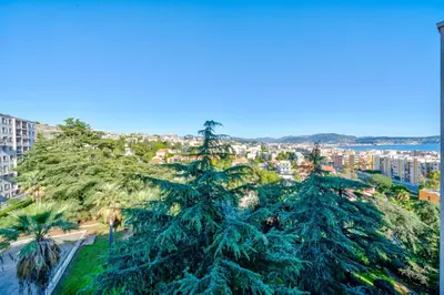 an aerial view of a city with palm trees at Superbe 3p vue mer avec parking in Nice