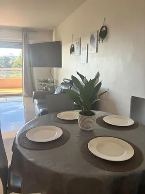 a table with plates and a potted plant on it at Appartement lumineux Vue Mer, Piscine et tennis in Nice
