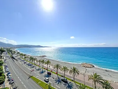 a view of a beach with palm trees and a road at Breathtaking Rooftop Experience on Promenade in Nice