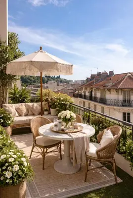 a patio with a table and chairs and an umbrella at Penthouse avec terrasses panoramiques in Nice