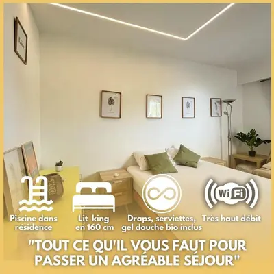 a poster of a bedroom with a bed and a couch at Terrasse, piscine, clim, proche aéroport et plage in Saint-Laurent-du-Var
