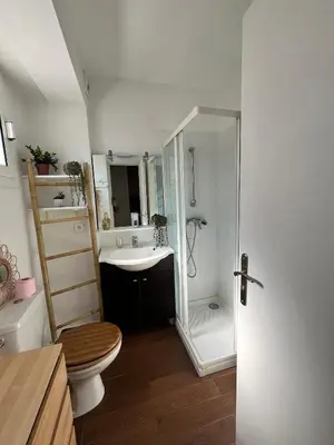 a bathroom with a shower and a toilet and a sink at Terrasse, piscine, clim, proche aéroport et plage in Saint-Laurent-du-Var